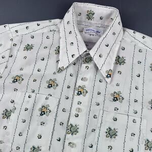 VTG Man Fit Campus Shirt Mens Large Baby Blue Floral AOP Short Sleeve 60s EUC